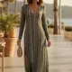 Modern Ocean Γυναικείο καφέ μακρύ πλεκτό φόρεμα fashion με μακρυά μανίκια V μπροστά με τιρκουάζ, κίτρινους ,καφέ χρωματισμους C-6334 Brown