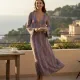 Modern Ocean Γυναικείο κοραλί μακρύ πλεκτό φόρεμα fashion με μακρυά μανίκια V μπροστά με κοραλί, γαλάζιους,μπλέ χρωματισμους C-6334 coral