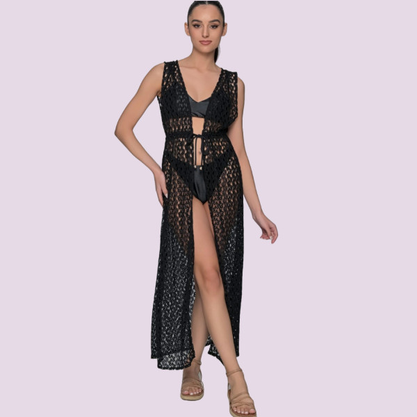 Milena by Paris Γυναικείο Μαύρο Καφτάνι Μακρύ δετό διάτρητο 040245 BLACK