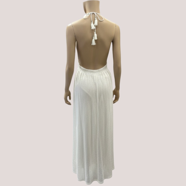 Γυναικείο Λευκό μακρύ φόρεμα καφτάνι boho style με ethnic μοτίβα δετό στο λαιμό & λάστιχο στην πλάτη 1463 One size s-xl 