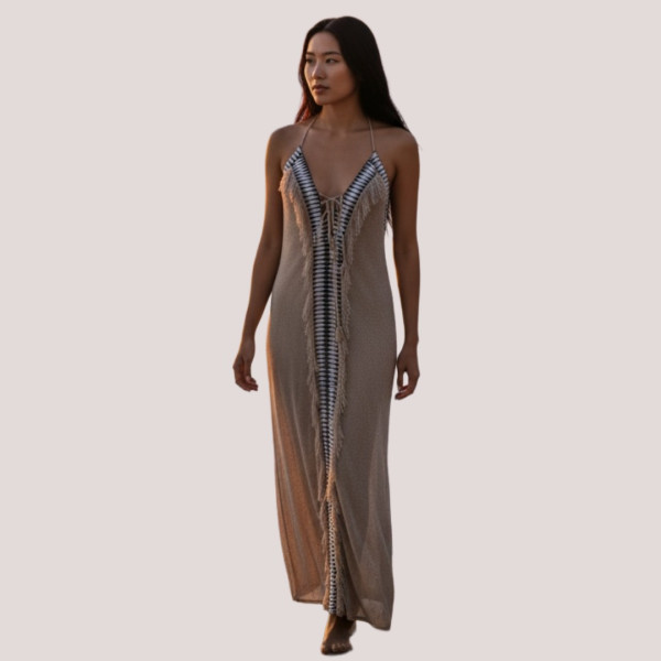 Γυναικείο Μπεζ μακρύ φόρεμα καφτάνι boho style με ethnic μοτίβα δετό στο λαιμό & λάστιχο στην πλάτη 1463 One size s-xl