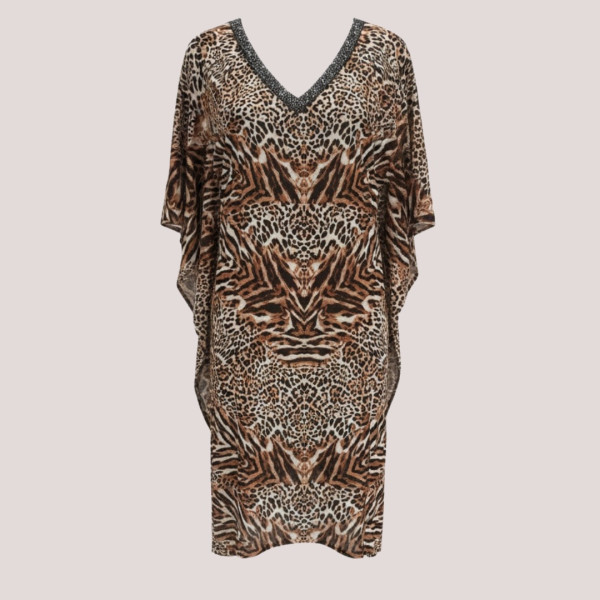 Modern Ocean Γυναικείο oversized καφτάνι animal print με V  διακοσμημένο με χάντρες πολυτελείας 1652.10 