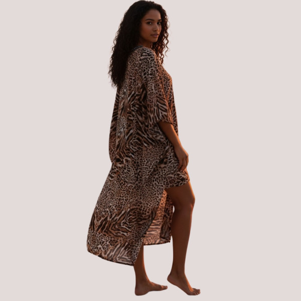 Modern Ocean Γυναικείο oversized καφτάνι animal print με V  διακοσμημένο με χάντρες πολυτελείας 1652.1