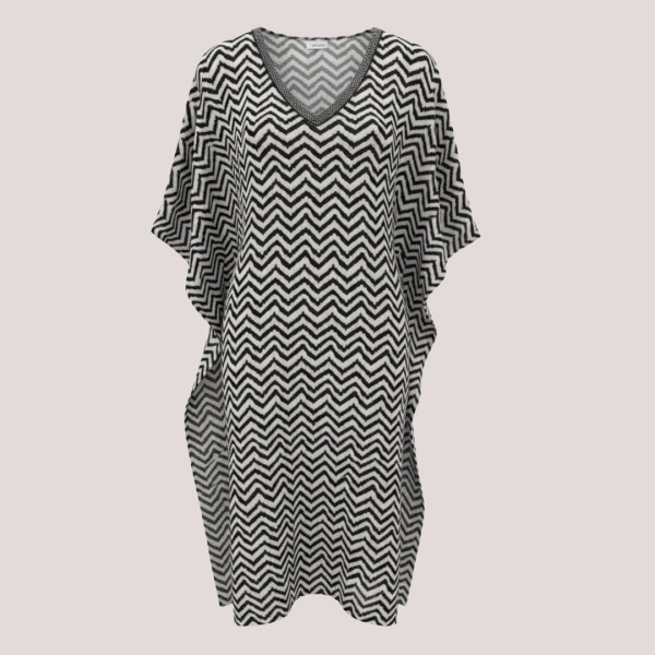 Modern Ocean Γυναικείο oversized καφτάνι λευκό με μαύρες γραμμές με V  διακοσμημένο με χάντρες πολυτελείας 1652.3