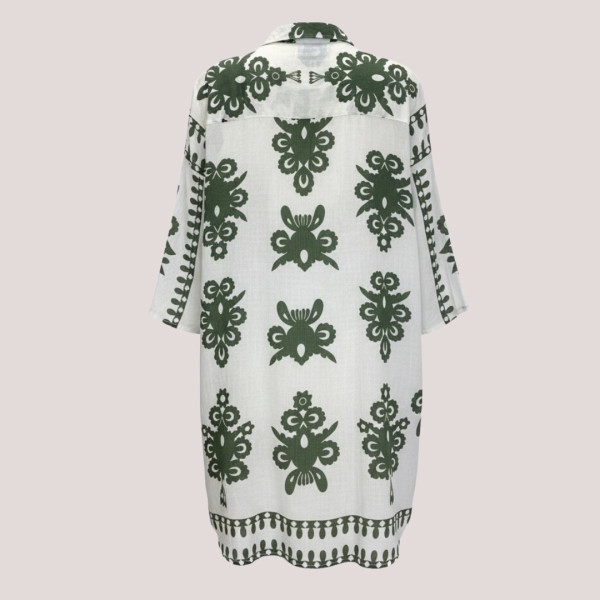 Γυναικείο λευκό & χακί green olive καφτάνι 100% cotton πουκαμίσα μέχρι το γόνατο  One size plus size με τσέπες μπροστά & σχέδια  SP2515D10