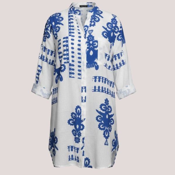 Γυναικείο λευκό & μπλέ σκούρο Blue Navy καφτάνι 100% cotton πουκαμίσα μέχρι το γόνατο  One size plus size με τσέπες μπροστά & σχέδια  SP2515D10