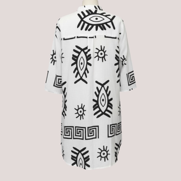 Γυναικείο λευκό & Μαύρο καφτάνι 100% cotton πουκαμίσα μέχρι το γόνατο  One size plus size με τσέπες μπροστά & σχέδιο μάτια & μοτίβα SP262515D2