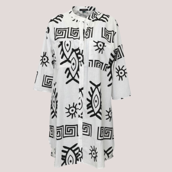 Γυναικείο λευκό & Μαύρο καφτάνι 100% cotton πουκαμίσα μέχρι το γόνατο  One size plus size με τσέπες μπροστά & σχέδιο μάτια & μοτίβα SP262515D2