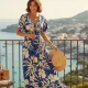 Swarna Γυναικείο φόρεμα μακρύ καφτάνι μπλέ με κίτρινα prints με v & & μανίκια πεταλούδα 100% silk One size SW-15115