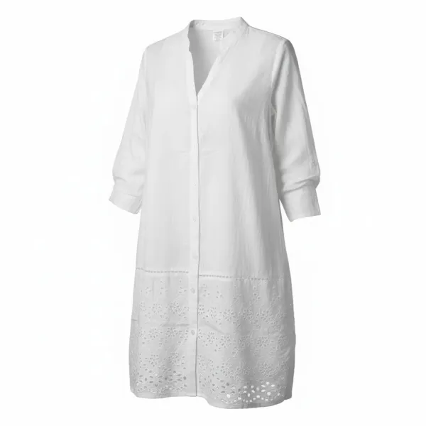 Γυναικείο λευκό καφτάνι 100% cotton πουκαμίσα μέχρι το γόνατο με κεντημένες λεπτομέρειες στο κάτω μέρος One size 26-3410