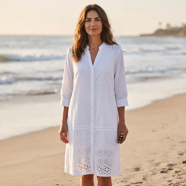 Γυναικείο λευκό καφτάνι 100% cotton πουκαμίσα μέχρι το γόνατο με κεντημένες λεπτομέρειες στο κάτω μέρος One size 26-3410