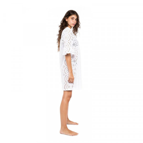 Pink Label Γυναικείο Λευκό Καφτάνι Φόρεμα Κιπούρ Mini Με V B250