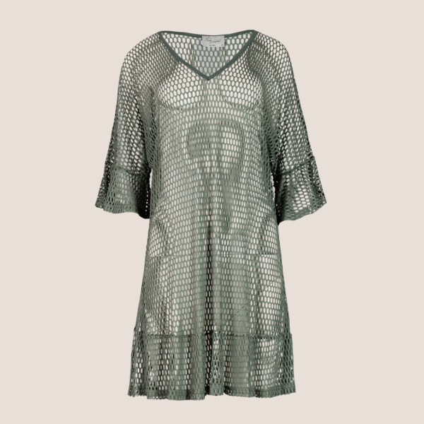 Pink Label Beachwear Φόρεμα- Καφτάνι  Κοντό Διάτρητο Χακί S850