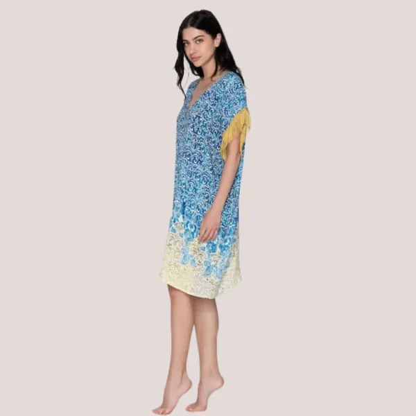 Luna Γυναικείο  Serenity καφτάνι oversized καλύπτει μέχρι & XL ιδανικό για μεγάλο στήθος Summer Collection 94749 Λευκό με γαλάζια χρυσά & λαδί φλοράλ prints