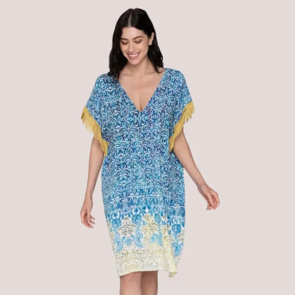 Luna Γυναικείο  Serenity καφτάνι oversized καλύπτει μέχρι & XL ιδανικό για μεγάλο στήθος Summer Collection 94749 Λευκό με γαλάζια χρυσά & λαδί φλοράλ prints