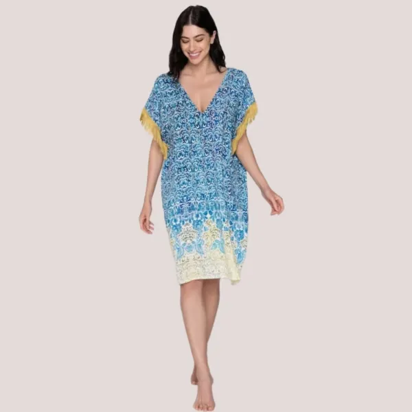 Luna Γυναικείο  Serenity καφτάνι oversized καλύπτει μέχρι & XL ιδανικό για μεγάλο στήθος Summer Collection 94749 Λευκό με γαλάζια χρυσά & λαδί φλοράλ prints