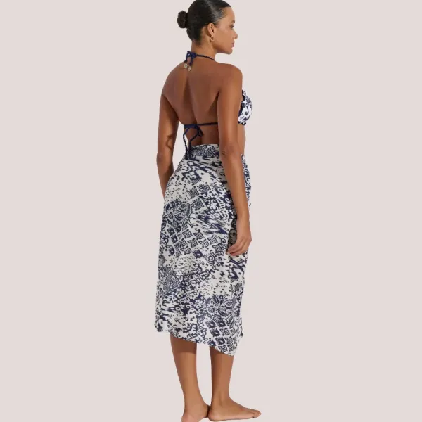 Bilitis Γυναικείο Παρεό εμπριμέ 100% viscose Pacifica Μπλέ & Λευκό με χρυσές & ασημένιες λεπτομέρειες  Luxury collection 8295
