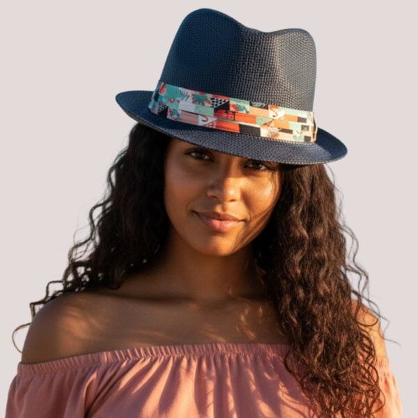 Γυναικείο Καπέλο Ψάθινο καβουράκι μπλέ με φλοράλ κορδλέλα 34607 blue