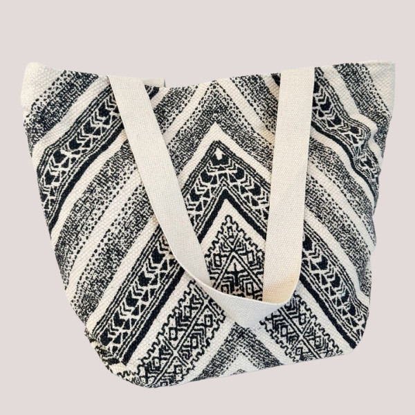  Γυναικεία τσάντα θαλάσσης Μεγάλη  Μπέζ με μαύρο  με σχέδια και φερμουάρ  BK-252 Black