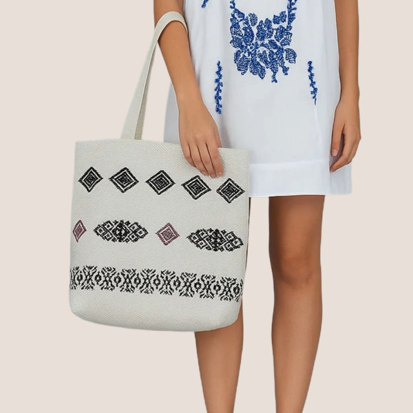  Γυναικεία τσάντα θαλάσσης Μεγάλη με φερμουάρ Μπέζ με σχέδια BK-256 Beige