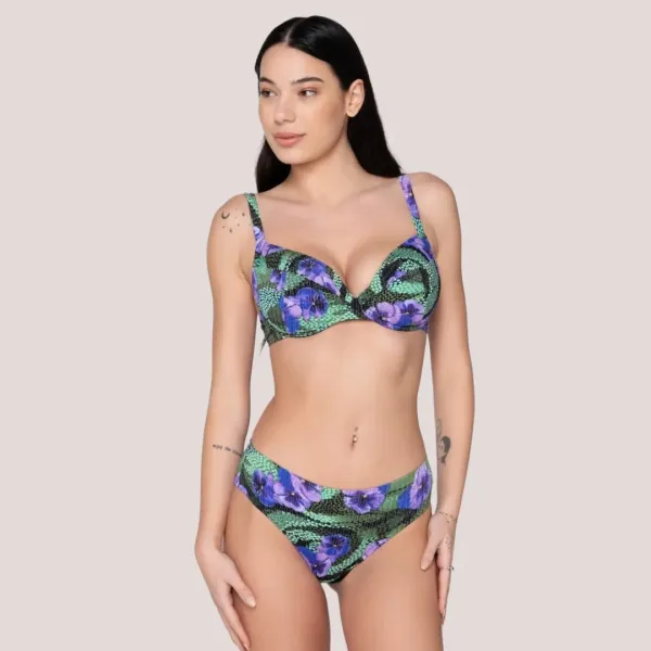 Luna Γυναικείο Μαγιό Slip Ψηλόμεσο Blossom Tropical print μωβ & πράσινους τόνους με λάμψη Summer Collection 94726