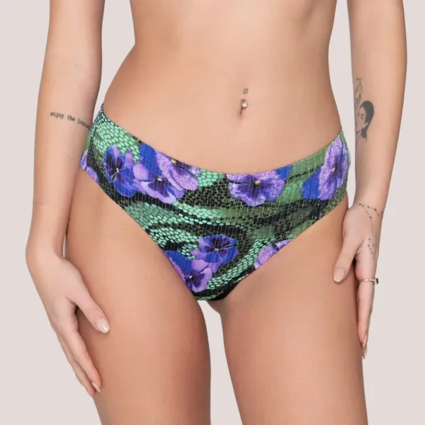 Luna Γυναικείο Μαγιό Slip Ψηλόμεσο Blossom Tropical print μωβ & πράσινους τόνους με λάμψη Summer Collection 94726