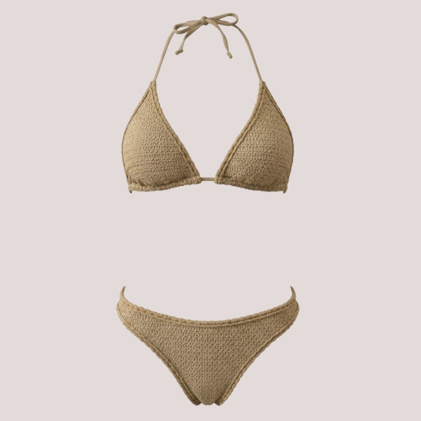 Modern Ocean swimwear Γυναικείο bikini set μαγιό γκοφρε τριγωνάκι & σλιπ με διακοσμητικές λεπτομέρειες σε αντίθεση μπεζ- καφέ 1651 brown summer collection