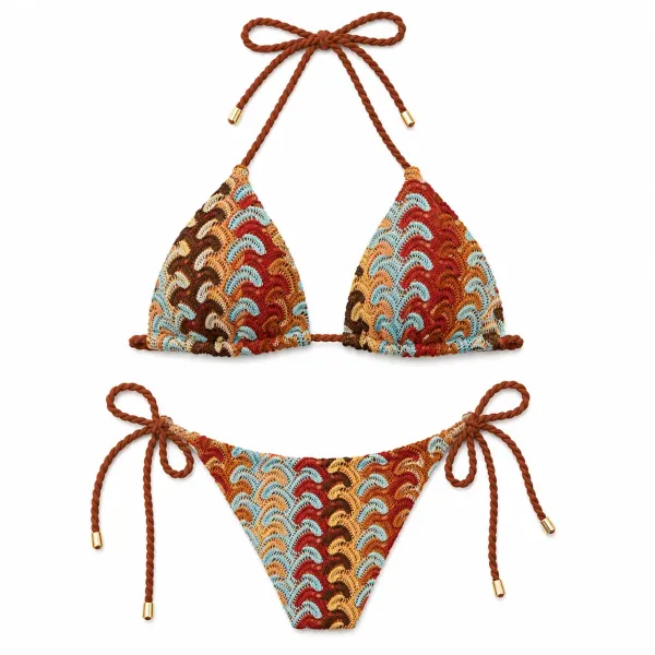 Modern Ocean Γυναικείο Set Bikini πλεκτό Τριγωνάκι με χοντρά κορδόνια κεραμιδί χρώμα με μπορντώ κίτρινες μπλέ αποχρώσεις & δετό σλιπ brazil 1606