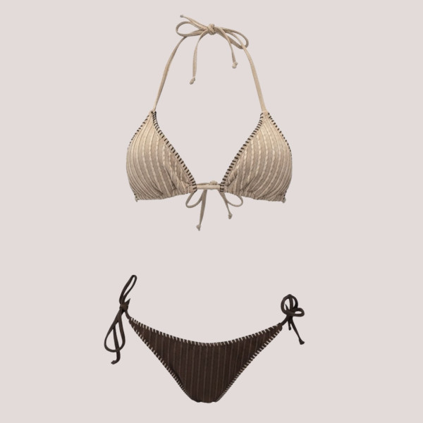 Modern Ocean Γυναικείο Set Bikini Τριγωνάκ ανάγλυφο ανοιχτό καφέ με σκουρες καφέ ραφές & σκούρο καφέ σλιπ brazil δετό με λευκές ραφές 1618 brown & light brown