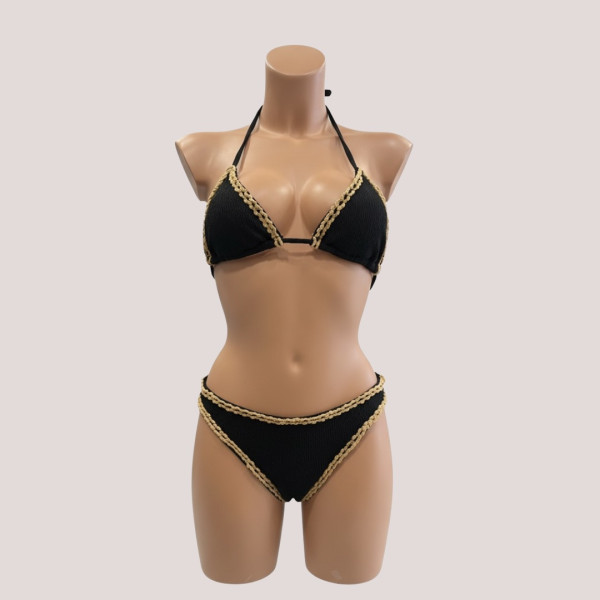 Modern Ocean swimwear Γυναικείο bikini set μαγιό γκοφρε τριγωνάκι & σλιπ με διακοσμητικές λεπτομέρειες σε αντίθεση μαύρο 1651 black summer collection