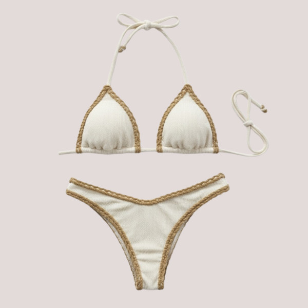 Modern Ocean swimwear Γυναικείο bikini set μαγιό γκοφρε τριγωνάκι & σλιπ με διακοσμητικές λεπτομέρειες σε αντίθεση λευκό 1651 white summer collection