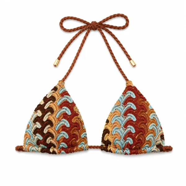 Modern Ocean Γυναικείο Set Bikini πλεκτό Τριγωνάκι με χοντρά κορδόνια κεραμιδί χρώμα με μπορντώ κίτρινες μπλέ αποχρώσεις & δετό σλιπ brazil 1606