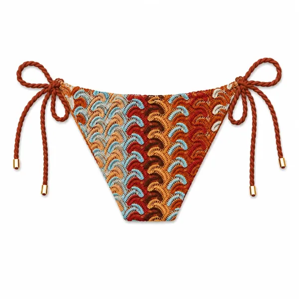 Modern Ocean Γυναικείο Set Bikini πλεκτό Τριγωνάκι με χοντρά κορδόνια κεραμιδί χρώμα με μπορντώ κίτρινες μπλέ αποχρώσεις & δετό σλιπ brazil 1606