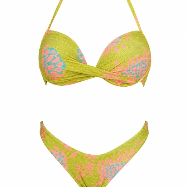 Modern Ocean Γυναικείο Set Bikini Push up δετό & brazil Λεμονί γκλίτερ με σχέδια φλοράλ σε πράσινους & ροζ χρωματισμούς C-6225