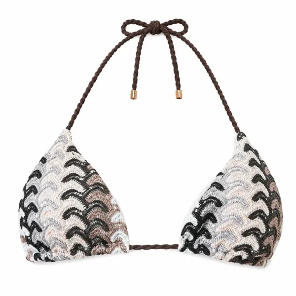 Modern Ocean Γυναικείο Set Bikini πλεκτό Τριγωνάκι με χοντρά κορδόνια λευκό χρώμα με καφέ αποχρώσεις & δετό σλιπ brazil 1606