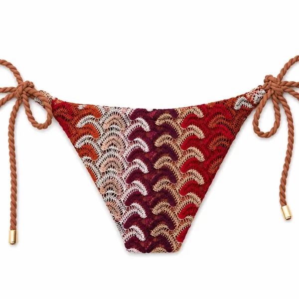 Modern Ocean Γυναικείο Set Bikini πλεκτό Τριγωνάκι με χοντρά κορδόνια  καφέ χρώμα με μπορντώ αποχρώσεις & δετό σλιπ brazil 1606