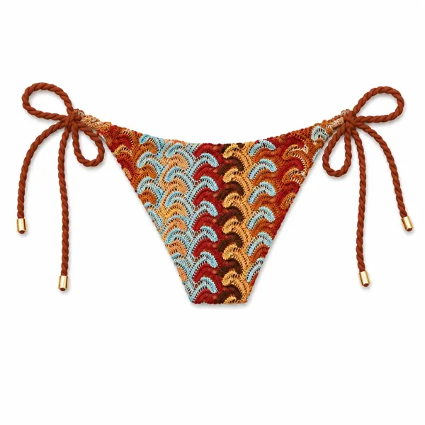 Modern Ocean Γυναικείο Set Bikini πλεκτό Τριγωνάκι με χοντρά κορδόνια κεραμιδί χρώμα με μπορντώ κίτρινες μπλέ αποχρώσεις & δετό σλιπ brazil 1606