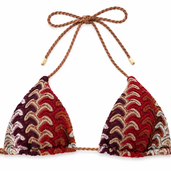 Modern Ocean Γυναικείο Set Bikini πλεκτό Τριγωνάκι με χοντρά κορδόνια  καφέ χρώμα με μπορντώ αποχρώσεις & δετό σλιπ brazil 1606