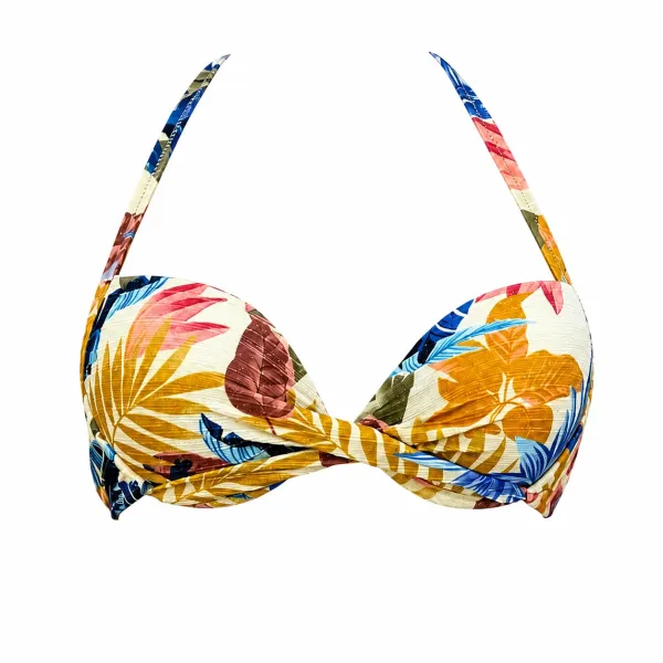 Modern Ocean Γυναικείο Set Bikini Push up δετό & brazil tropical σχέδιο χρυσό κίτρινο γκλίτερ με μπλέ γαλάζιους & μπεζ χρωματισμούς C-6225