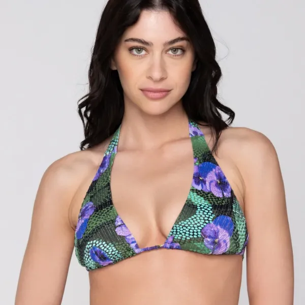 Luna Γυναικείο Μαγιό Τοπ τρίγωνο Blossom Tropical print μωβ & πράσινους τόνους με λάμψη Summer Collection 94721