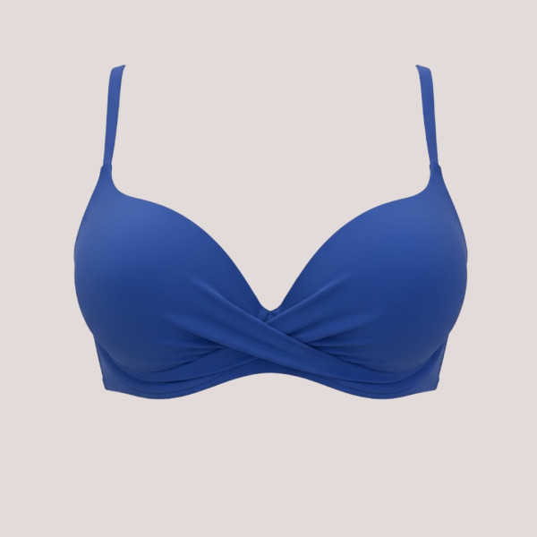 Modern Ocean Γυναικείο Set bikini σουτιέν μπλέ ρουά push up με τιράντες δετό  & ψηλόμεσο σλιπ  με μοτίβο στις αποχρώσεις μπλέ καφέ κίτρινου ιβουάρ C-6354