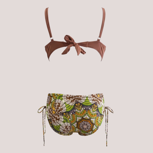 Modern Ocean Γυναικείο Set bikini σουτιέν σοκολά push up με τιράντες δετό  & ψηλόμεσο σλιπ  με μοτίβο στις αποχρώσεις καφέ κίτρινου λαχανί C-6354