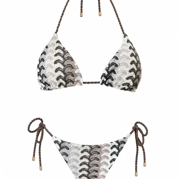 Modern Ocean Γυναικείο Set Bikini πλεκτό Τριγωνάκι με χοντρά κορδόνια λευκό χρώμα με καφέ αποχρώσεις & δετό σλιπ brazil 1606