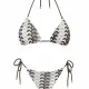 Modern Ocean Γυναικείο Set Bikini πλεκτό Τριγωνάκι με χοντρά κορδόνια λευκό χρώμα με καφέ αποχρώσεις & δετό σλιπ brazil 1606