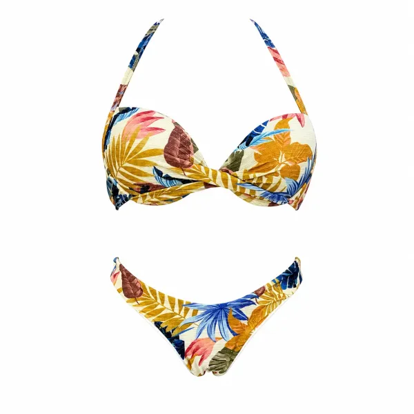 Modern Ocean Γυναικείο Set Bikini Push up δετό & brazil tropical σχέδιο χρυσό κίτρινο γκλίτερ με μπλέ γαλάζιους & μπεζ χρωματισμούς C-6225