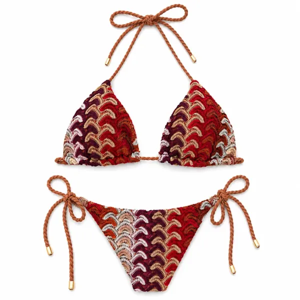 Modern Ocean Γυναικείο Set Bikini πλεκτό Τριγωνάκι με χοντρά κορδόνια  καφέ χρώμα με μπορντώ αποχρώσεις & δετό σλιπ brazil 1606