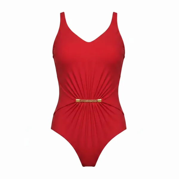 Self Luxury Swimwear Γυναικείο κόκκινο ολόσωμο μαγιό με v & ιδιαίτερο κόψιμο στη μέση με χρυσή αλυσίδα Luxelle 6 S1469XE6