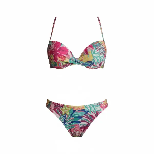 Modern Ocean Γυναικείο Set Bikini Push up δετό & brazil tropical σχέδιο ροζ φούξια γκλίτερ με πράσινους & κίτρινους χρωματισμούς C-6225