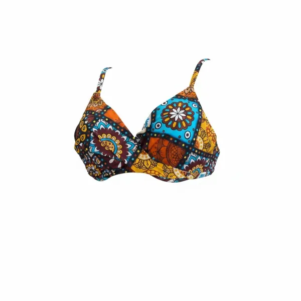 Modern Ocean Γυναικείο Set bikini με σχέδια σε αποχρώσεις του πορτοκαλί,λευκού,κίτρινου και καφέ με τιράντες δετό  για μεγάλο στήθος  & ψηλόμεσο σλιπ 5144 brown