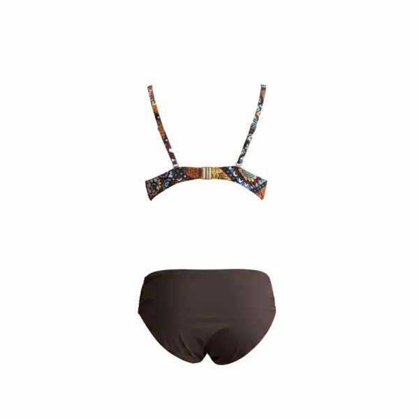 Modern Ocean Γυναικείο Set bikini με σχέδια σε αποχρώσεις του πορτοκαλί,λευκού,κίτρινου και καφέ με τιράντες δετό  για μεγάλο στήθος  & ψηλόμεσο σλιπ 5144 brown